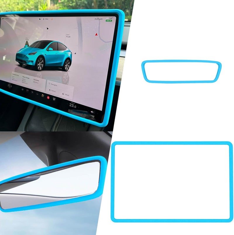 Yeapop 2Pcs Silicone Protector Frames of Screen and Rear View Mirror for Tesla Model 3 2017-2023 and Model Y 2019-Feb.2025. (Blue) - Image 1